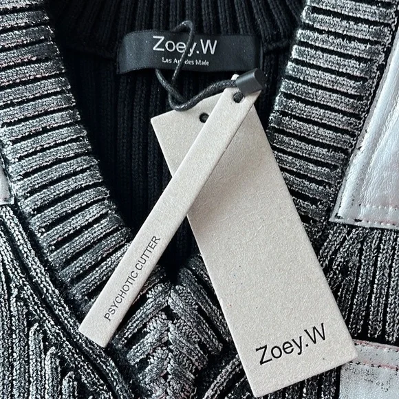 Zoey W. Los Angeles Metallic Knit V Neck Patch Vest Grey Silver - Picture 8 of 12